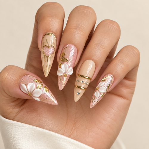 Pink and Gold Cat Eye Carved Press-On Nails | Stiletto, Nail Shapes