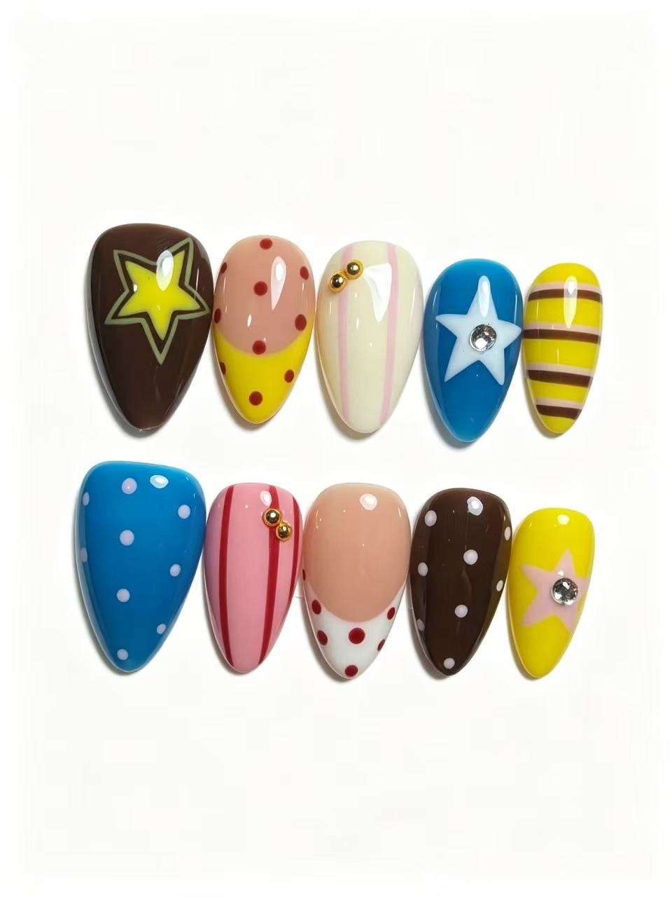 Retro Dopamine Star Polka Dot Almond Press On Nails, Handmade Cute Striped False Nails for Girls
