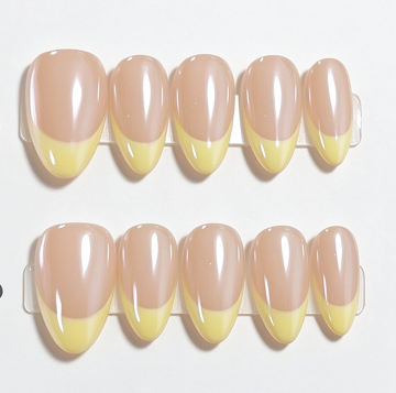 Yellow Tip French Press On Nails, Almond Shape Nude Handmade Reusable False Nails.