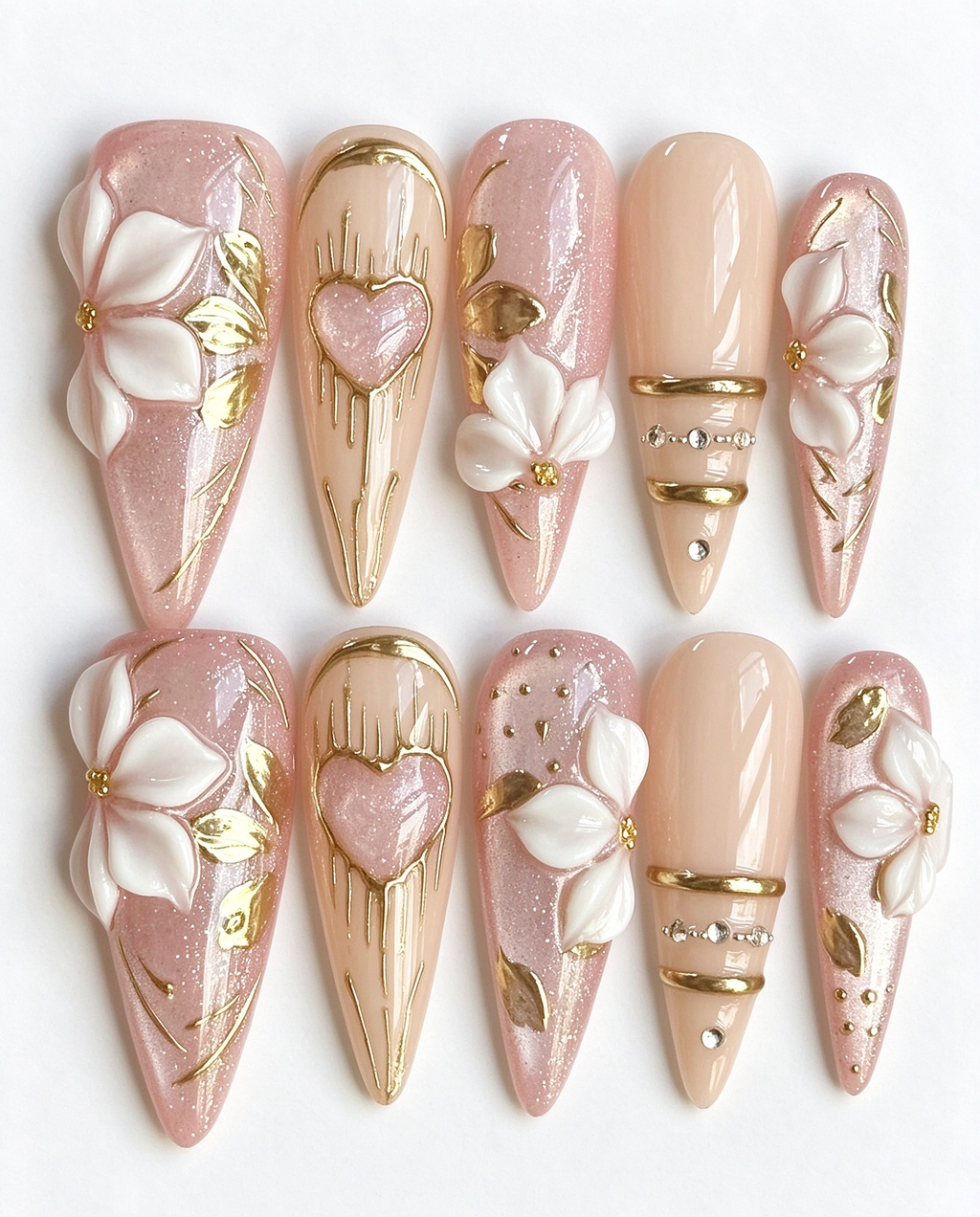 Pink and Gold Cat Eye Carved Press-On Nails | Stiletto, Nail Shapes