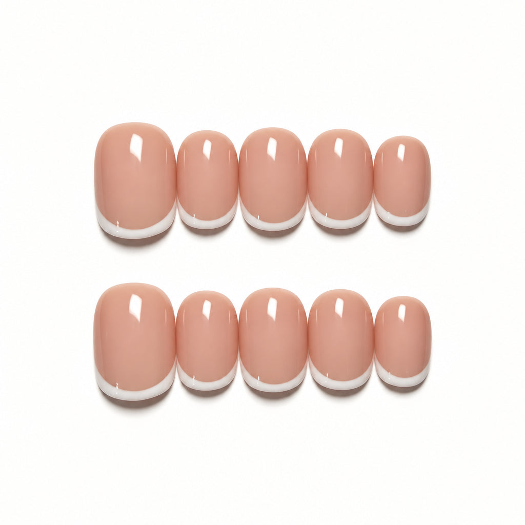 Classic Nude White French Tip Short Square Press On Nails, Handmade Minimalist Reusable False Nail Set
