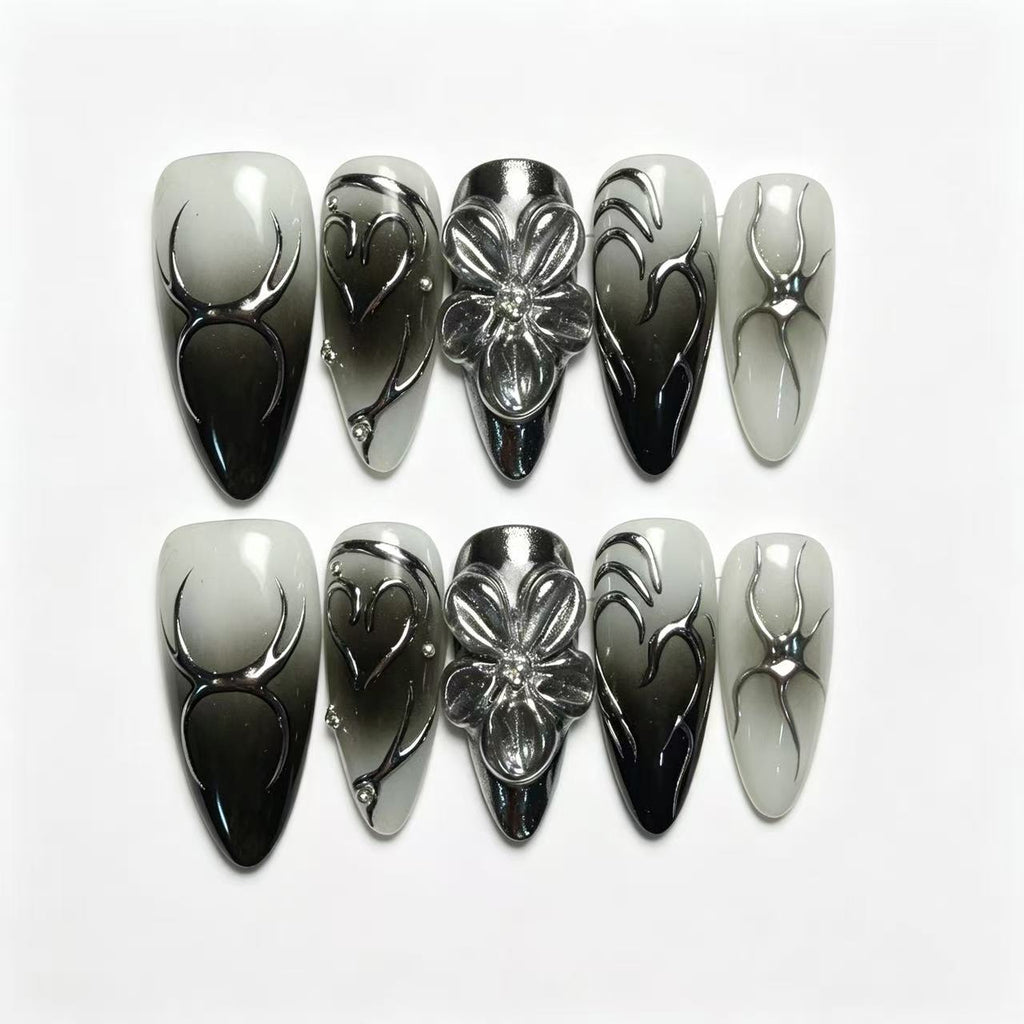 Black Grey Ombre Silver Spider Stiletto Press On Nails