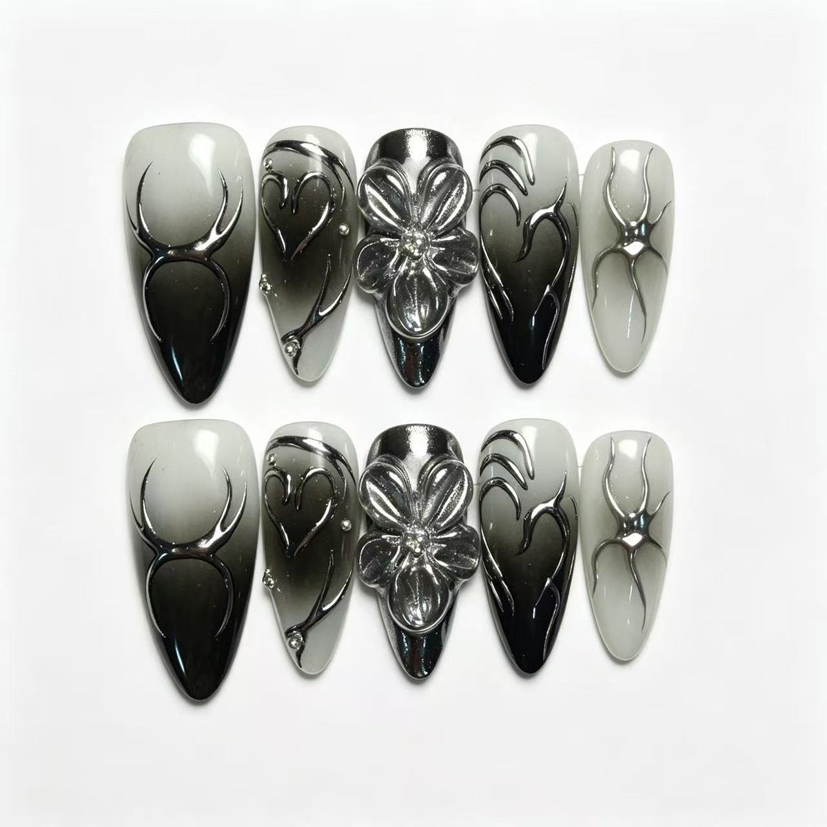 Black Grey Ombre Silver Spider Stiletto Press On Nails