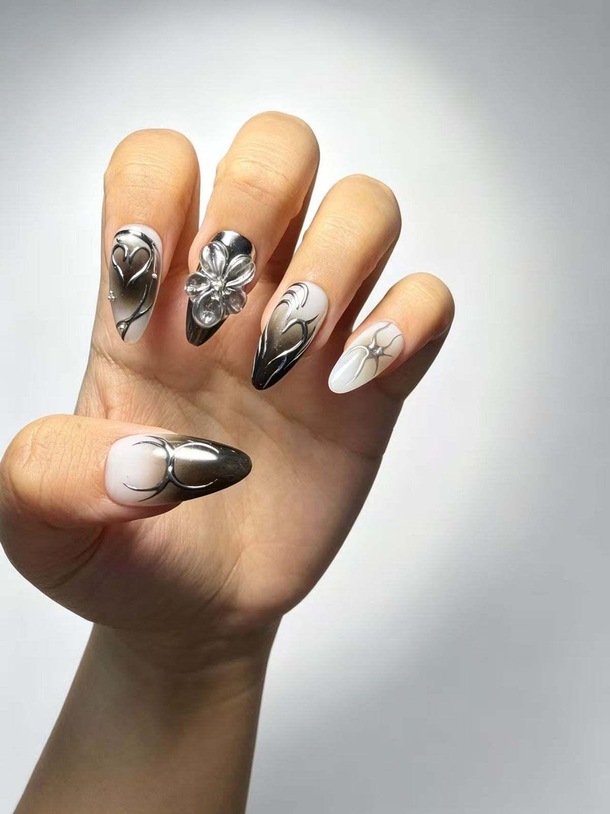 Black Grey Ombre Silver Spider Stiletto Press On Nails