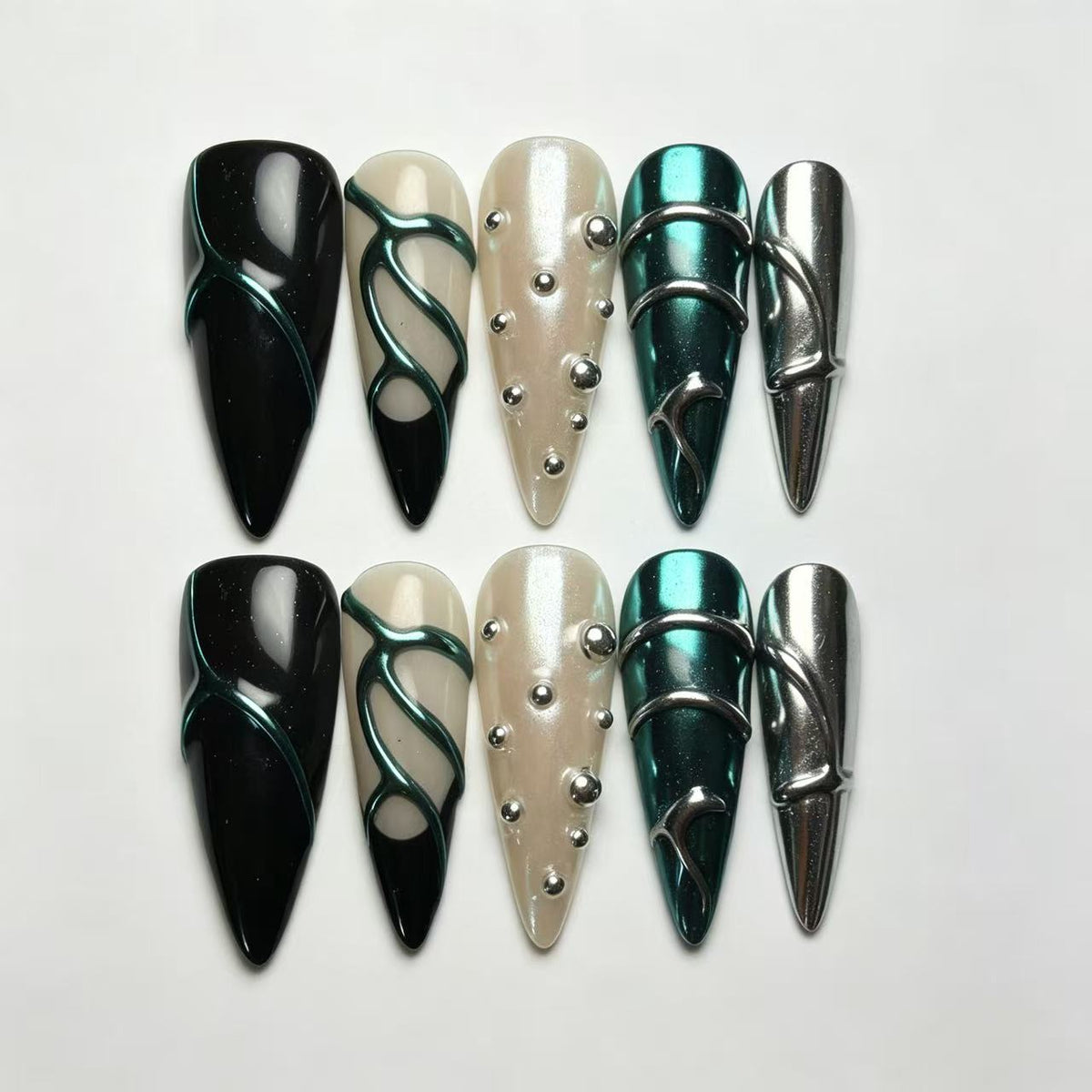 Black Teal Metallic Line Stiletto Press On Nails, Handmade Silver Studs False Nails