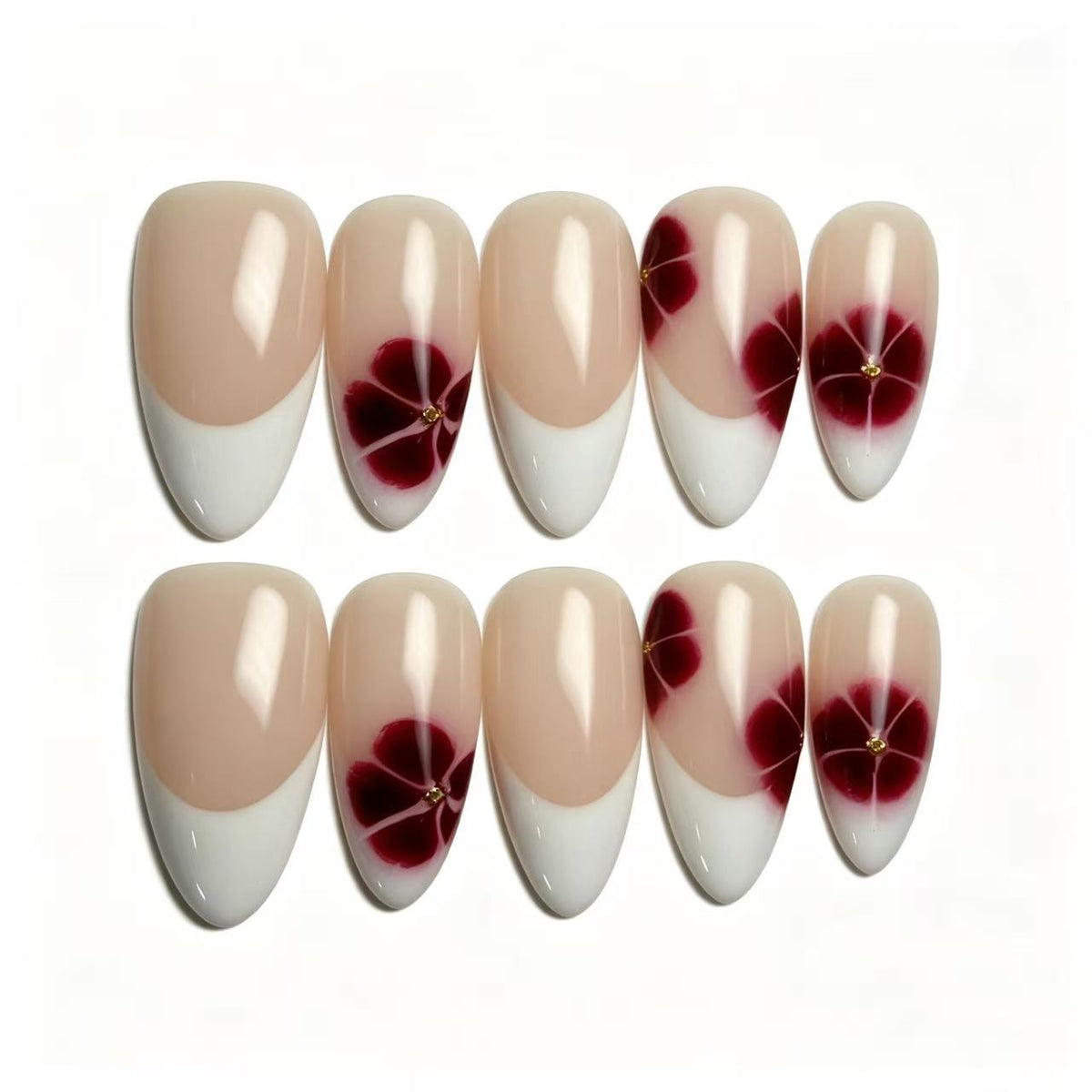 White French Tip Burgundy Floral Almond Press On Nails
