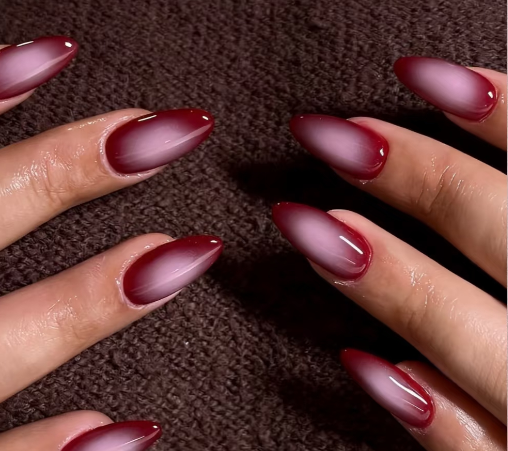 Red Ombre Cat Eye Almond Press On Nails, Handmade Glossy Reusable False Nails.