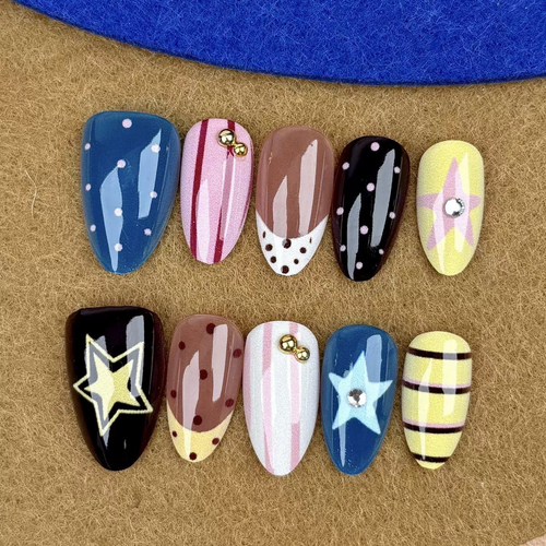 Retro Dopamine Star Polka Dot Almond Press On Nails, Handmade Cute Striped False Nails for Girls